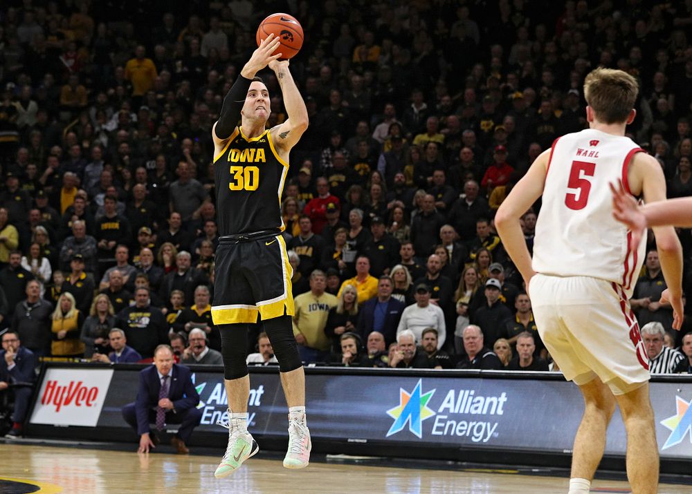 Iowa Hawkeyes guard Connor McCaffery (30) puts up a shot during the second half of their game at Carver-Hawkeye Arena in Iowa City on Monday, January 27, 2020. (Stephen Mally/hawkeyesports.com)