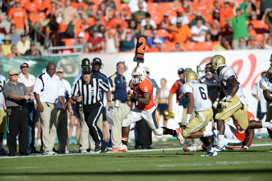 University of Miami Hurricanes running back Duke Johnson #8 plays in a game against the Georgia Tech Yellow Jackets at Sun Life Stadium on October 5,...