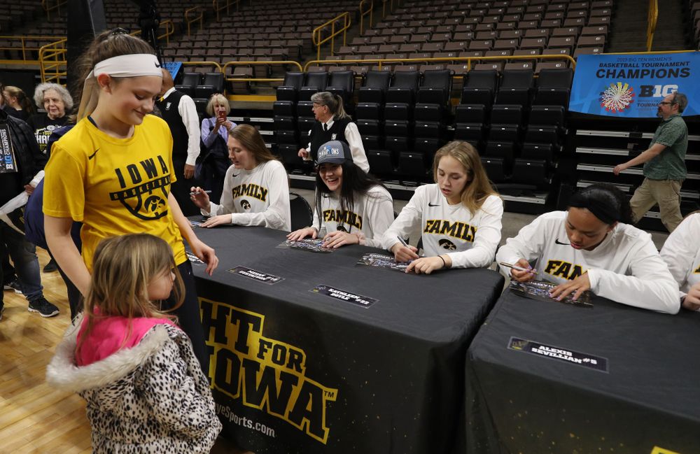 Iowa Hawkeyes forward Megan Gustafson (10) during a celebration of their Big Ten Women's Basketball Tournament championship Monday, March 18, 2019 at Carver-Hawkeye Arena. (Brian Ray/hawkeyesports.com)