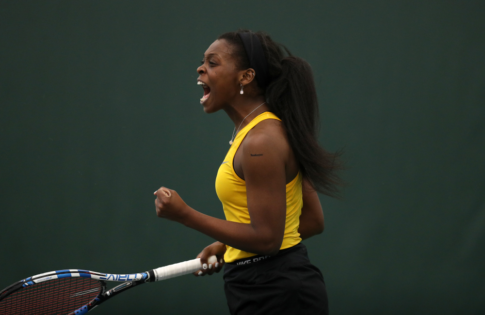 Iowa's Adorabol Huckleby against the Iowa State Cyclones Friday, February 8, 2019 at the Hawkeye Tennis and Recreation Complex. (Brian Ray/hawkeyesports.com)