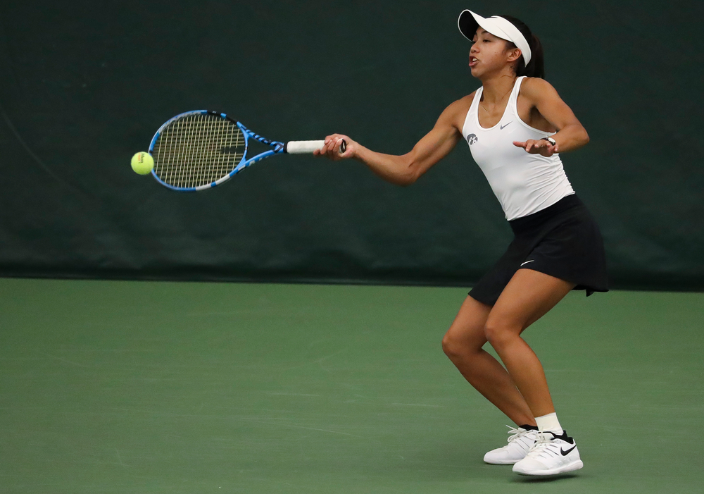Michelle Bacalla returns a shot in a doubles match during the second day of the ITA Central Regional Championships at the Hawkeye Tennis and Recreation Complex on October 13, 2018. (Tork Mason/hawkeyesports.com)