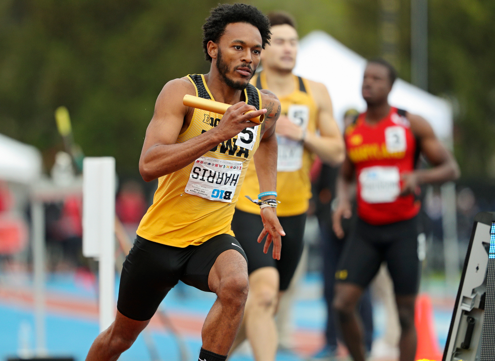 Iowa's May’yea Harris runs his section of the 1600 meter relay event on the third day of the Big Ten Outdoor Track and Field Championships at Francis X. Cretzmeyer Track in Iowa City on Sunday, May. 12, 2019. (Stephen Mally/hawkeyesports.com)