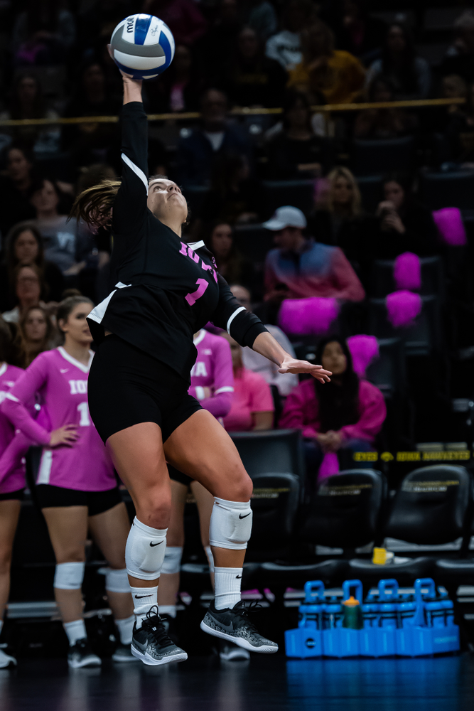 Iowa Hawkeyes defensive specialist Molly Kelly (1) against the Wisconsin Badgers Saturday, October 6, 2018 at Carver-Hawkeye Arena. (Clem Messerli/Iowa Sports Pictures)
