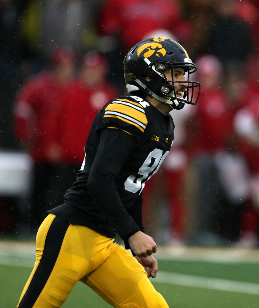 Iowa Hawkeyes place kicker Miguel Recinos (91) celebrates his game winning kick against the Nebraska Cornhuskers Friday, November 23, 2018 at Kinnick Stadium. (Brian Ray/hawkeyesports.com)