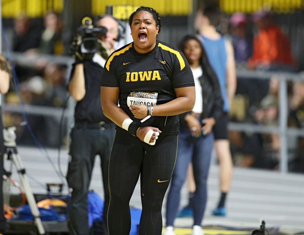 Iowa’s Laulauga Tausaga is pumped up after making a throw in the women’s shot put premier event during the Larry Wieczorek Invitational at the Recreation Building in Iowa City on Friday, January 17, 2020. (Stephen Mally/hawkeyesports.com)