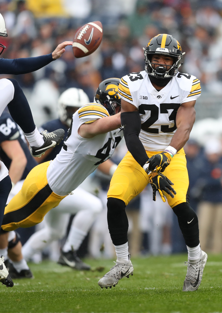 Iowa Hawkeyes wide receiver Dominique Dafney (23) blocks a punt against the Penn State Nittany Lions Saturday, October 27, 2018 at Beaver Stadium in University Park, Pa. (Max Allen/hawkeyesports.com)