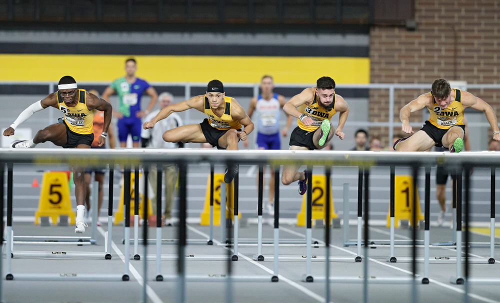 Iowa’s Jaylan McConico (from left), Jamal Britt, Josh Braverman, and Peyton Haack run the men’s 60 meter hurdles premier event during the Larry Wieczorek Invitational at the Recreation Building in Iowa City on Saturday, January 18, 2020. (Stephen Mally/hawkeyesports.com)