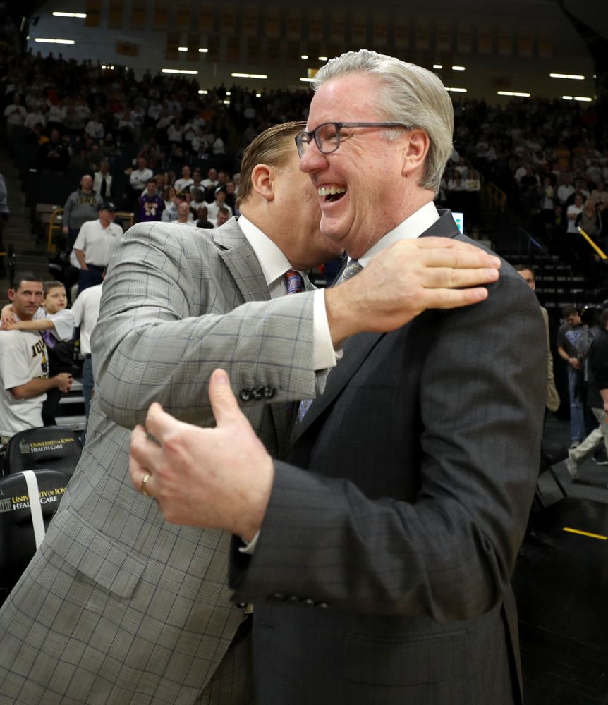 Iowa Hawkeyes head coach Fran McCaffery talks with Illinois Fighting Illini head coach Brad Underwood Sunday, February 2, 2020 at Carver-Hawkeye Arena. (Brian Ray/hawkeyesports.com)