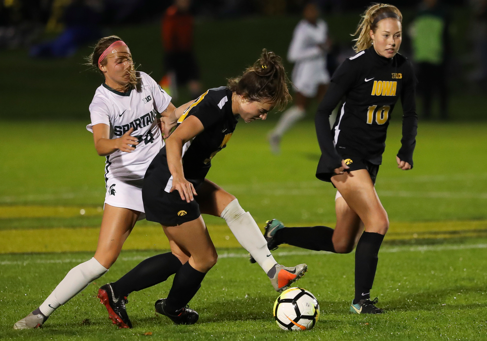 Iowa Hawkeyes forward Devin Burns (30) dribbles the ball during a game against Michigan State at the Iowa Soccer Complex on October 12, 2018. (Tork Mason/hawkeyesports.com)