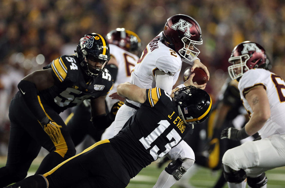 Iowa Hawkeyes linebacker Joe Evans (13) gets a sack against the Minnesota Golden Gophers Saturday, November 16, 2019 at Kinnick Stadium. (Brian Ray/hawkeyesports.com)