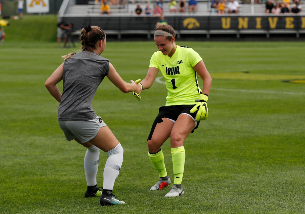 Iowa Hawkeyes Claire Graves (1) and Karson Rauch (9) against Indiana State Sunday, August 26, 2018 at the Iowa Soccer Complex. (Brian Ray/hawkeyesports.com)