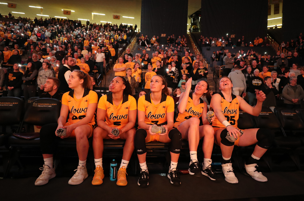 Iowa Hawkeyes guard Kathleen Doyle (22), guard Alexis Sevillian (5), guard Makenzie Meyer (3), forward Amanda Ollinger (43), and forward/center Monika Czinano against the Minnesota Golden Gophers Thursday, February 27, 2020 at Carver-Hawkeye Arena. (Brian Ray/hawkeyesports.com)