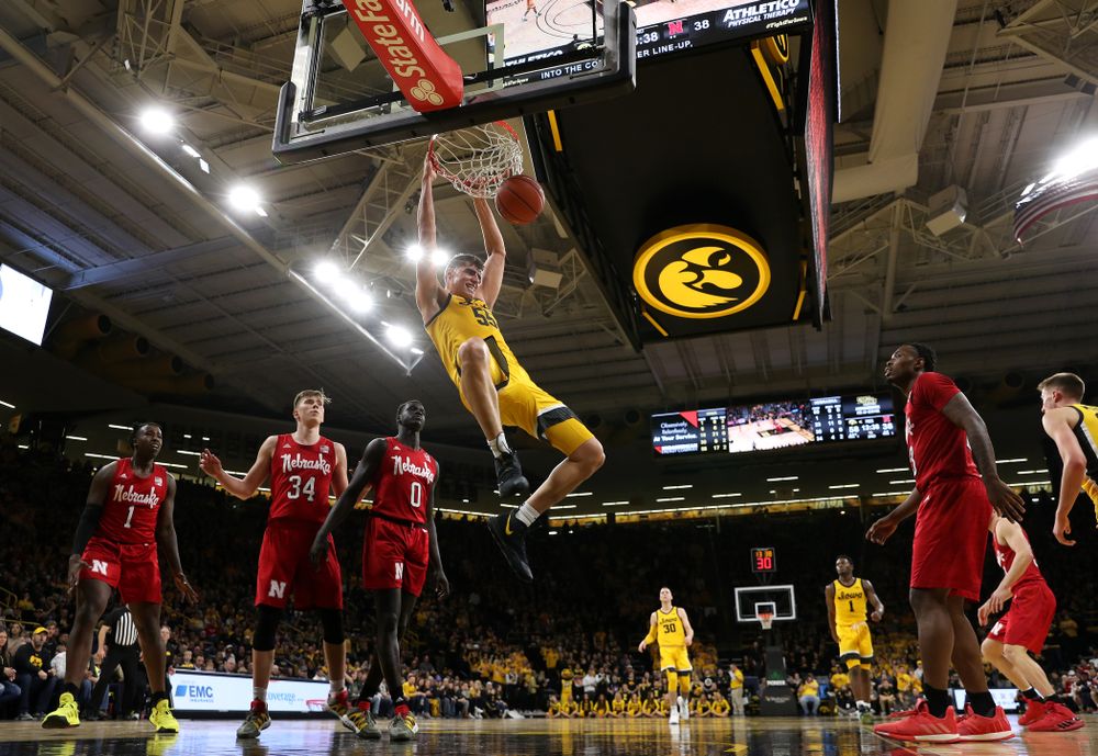 Iowa Hawkeyes forward Luka Garza (55) dunks the ball against the Nebraska Cornhuskers Saturday, February 8, 2020 at Carver-Hawkeye Arena. (Brian Ray/hawkeyesports.com)