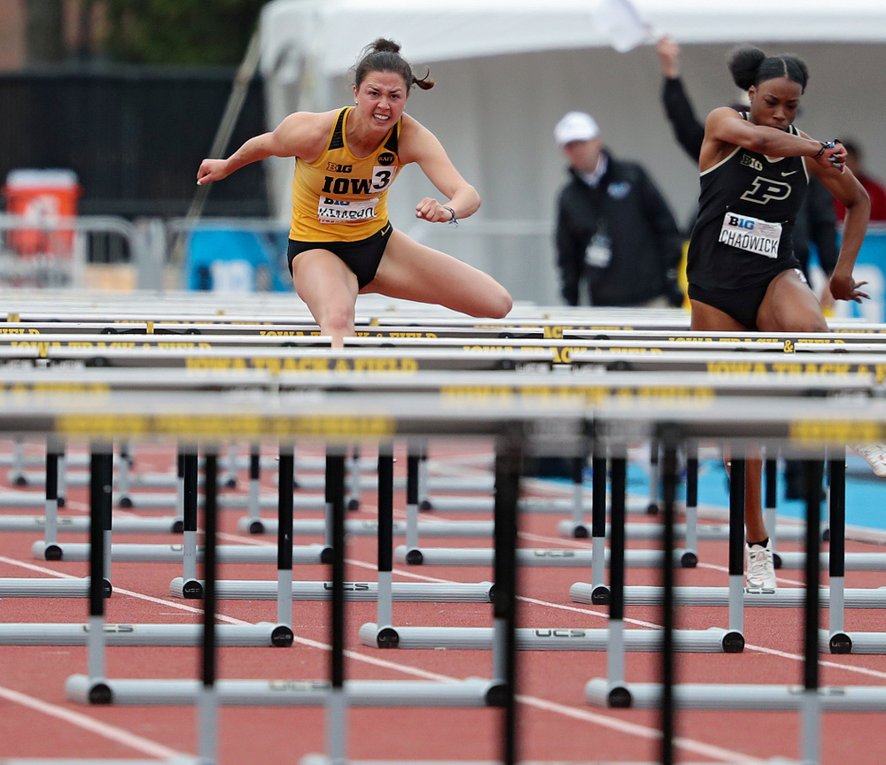 Iowa's Jenny Kimbro runs the women’s 100 meter hurdles event on the third day of the Big Ten Outdoor Track and Field Championships at Francis X. Cretzmeyer Track in Iowa City on Sunday, May. 12, 2019. (Stephen Mally/hawkeyesports.com)