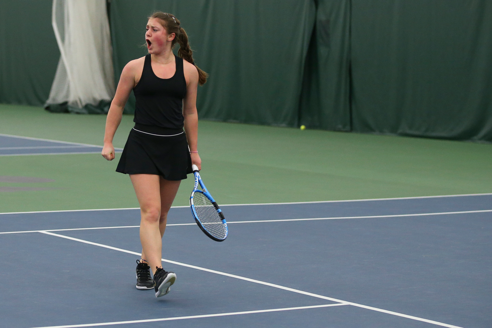 Iowa’s Erika Dodridge celebrates a point during the Iowa women’s tennis meet vs UNI on Saturday, February 29, 2020 at the Hawkeye Tennis and Recreation Complex. (Lily Smith/hawkeyesports.com)