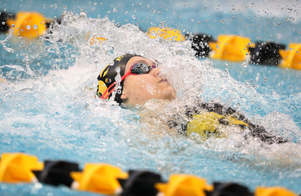 Iowa's Lauren McDougall swims the backstroke leg of the 200 yard medley relay during a double dual against Wisconsin and Northwestern Saturday, January 19, 2019 at the Campus Recreation and Wellness Center. (Brian Ray/hawkeyesports.com)