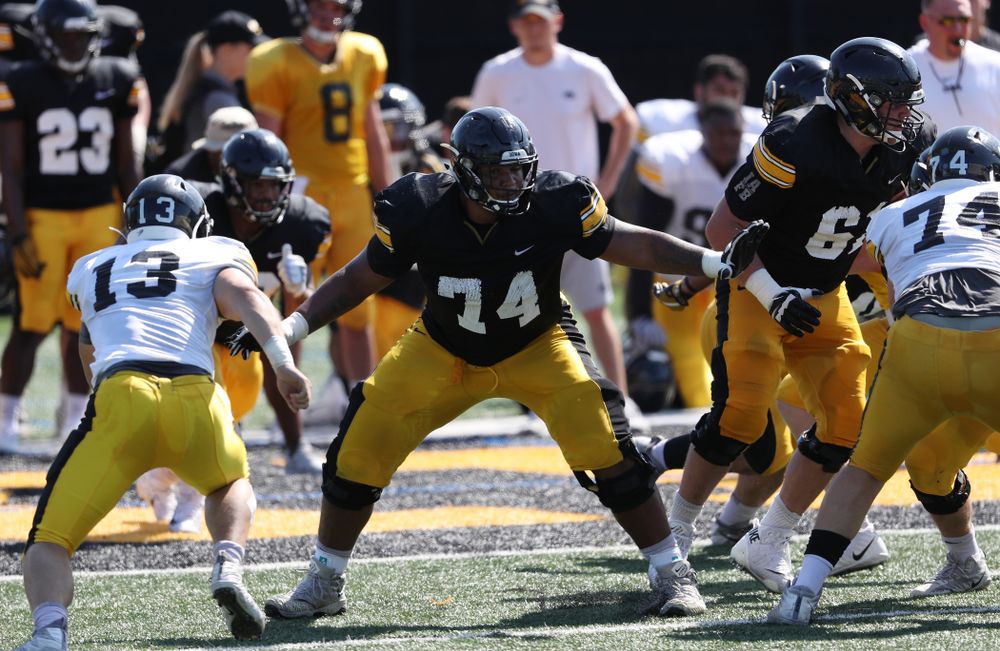 Iowa Hawkeyes offensive lineman Tristan Wirfs (74) during Fall Camp Practice No. 5 Tuesday, August 6, 2019 at the Ronald D. and Margaret L. Kenyon Football Practice Facility. (Brian Ray/hawkeyesports.com)