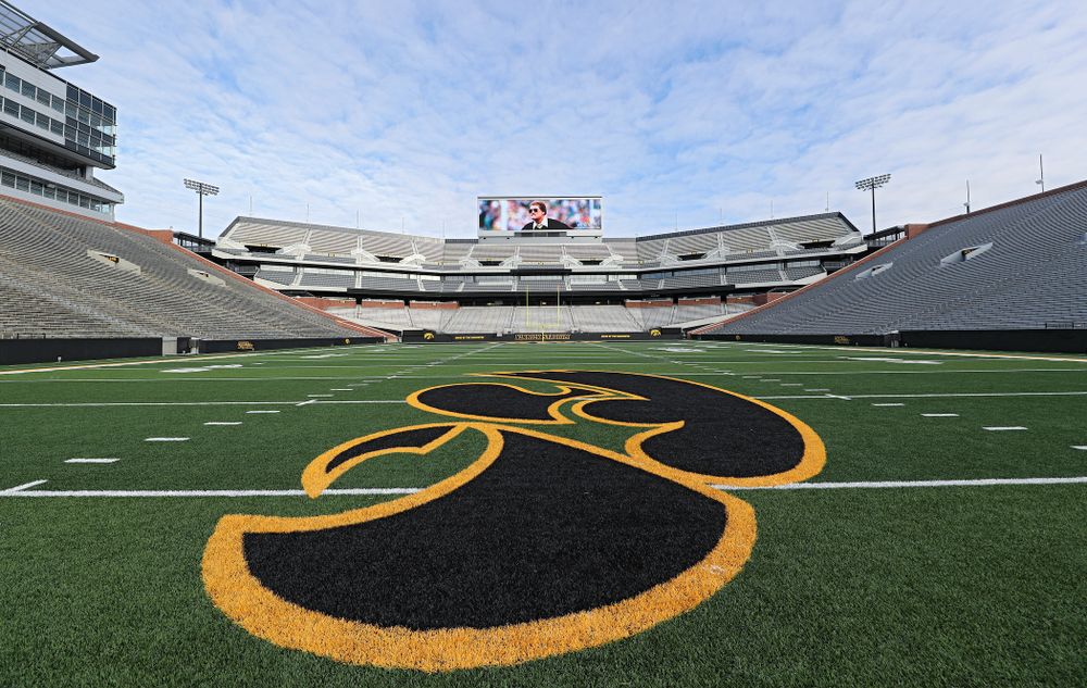 A picture of Hayden Fry is shown on the video boards at Kinnick Stadium in Iowa City on Wednesday, December 18, 2019. Hayden Fry passed away on Dec. 17, at the age of 90. (Stephen Mally/hawkeyesports.com)