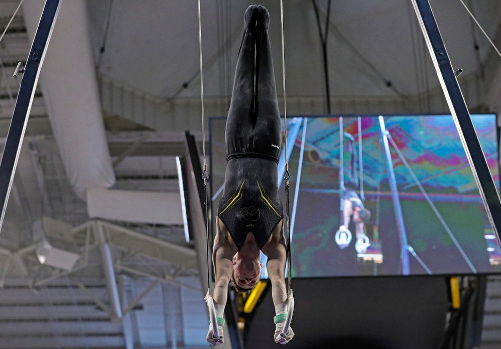 Iowa's Jake Brodarzon competes in the rings during the first day of the Big Ten Men's Gymnastics Championships at Carver-Hawkeye Arena in Iowa City on Friday, Apr. 5, 2019. (Stephen Mally/hawkeyesports.com)