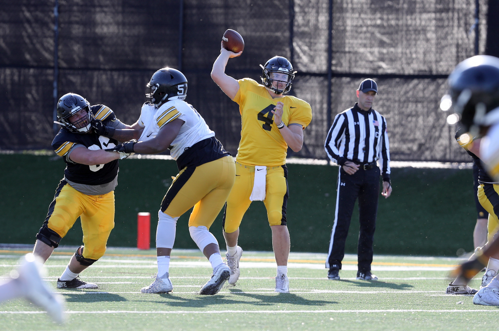 Iowa Hawkeyes quarterback Nate Stanley (4) during the teamÕs final spring practice Friday, April 26, 2019 at the Kenyon Football Practice Facility. (Brian Ray/hawkeyesports.com)