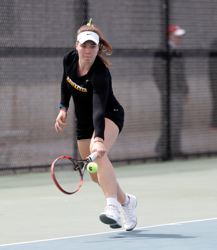 Iowa's Anastasia Reimchen against the Wisconsin Badgers Sunday, April 22, 2018 at the Hawkeye Tennis and Recreation Center. (Brian Ray/hawkeyesports.com)
