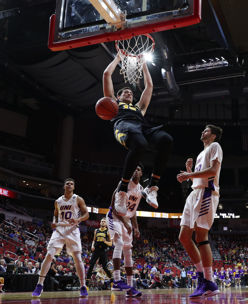 Iowa Hawkeyes forward Ryan Kriener (15) against the Northern Iowa Panthers in the Hy-Vee Classic Saturday, December 15, 2018 at Wells Fargo Arena in Des Moines. (Brian Ray/hawkeyesports.com)