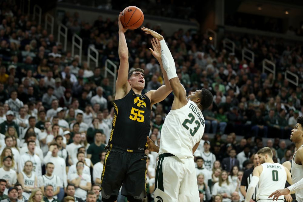Iowa Hawkeyes forward Luka Garza (55) against Michigan State Tuesday, February 25, 2020 at the Breslin Center in East Lansing, MI. (Brian Ray/hawkeyesports.com)