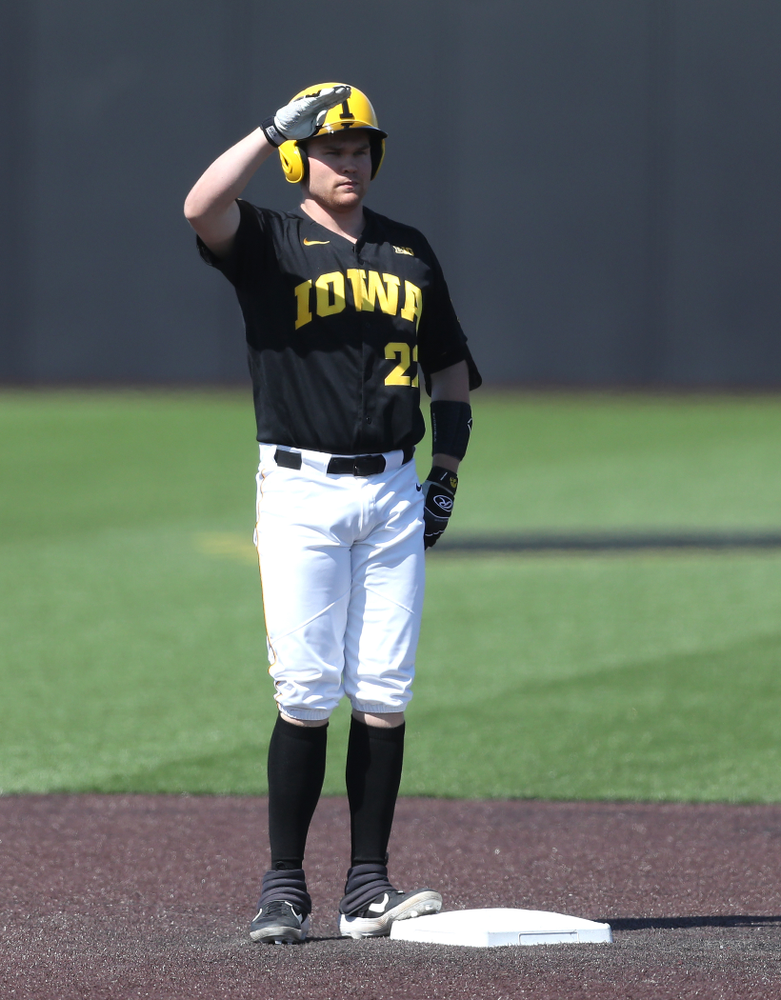 Iowa Hawkeyes Tanner Padgett (22) solutes after doubling during game two against UC Irvine Saturday, May 4, 2019 at Duane Banks Field. (Brian Ray/hawkeyesports.com)