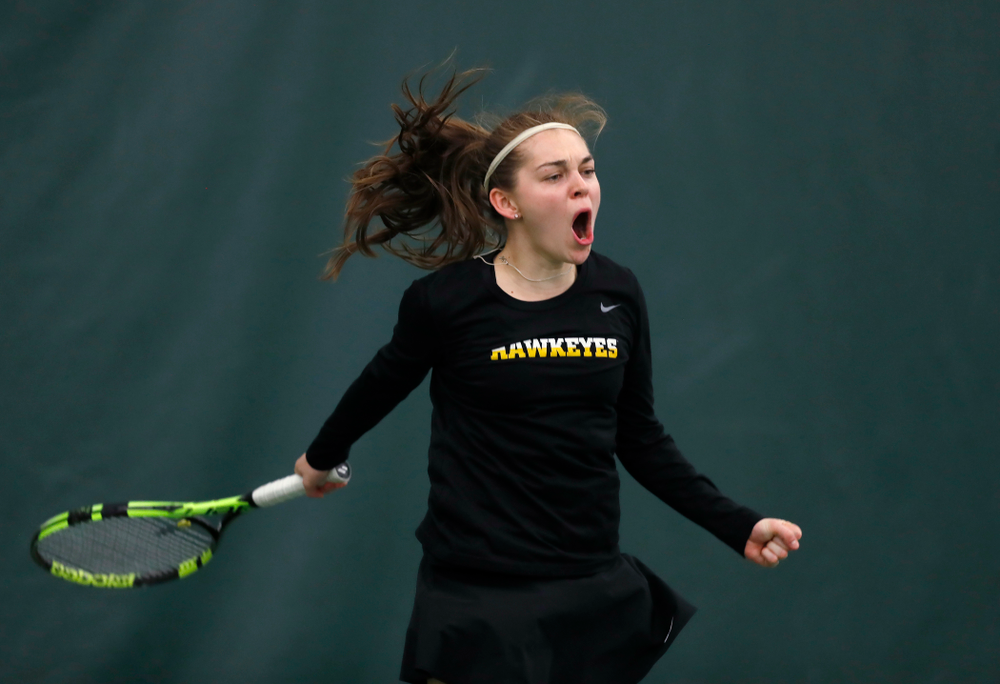 Zoe Douglas against Ohio State Sunday, March 25, 2018 at the Hawkeye Tennis and Recreation Center. (Brian Ray/hawkeyesports.com)