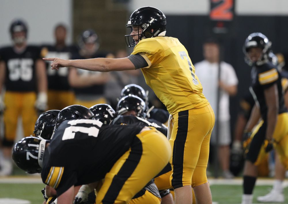 Iowa Hawkeyes quarterback Spencer Petras (7) during Fall Camp Practice No. 6 Thursday, August 8, 2019 at the Ronald D. and Margaret L. Kenyon Football Practice Facility. (Brian Ray/hawkeyesports.com)