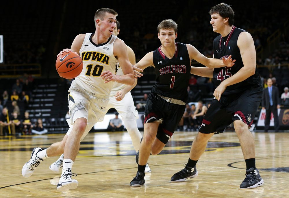 Iowa Hawkeyes guard Joe Wieskamp (10) drives to the basket during a game against Guilford College at Carver-Hawkeye Arena on November 4, 2018. (Tork Mason/hawkeyesports.com)