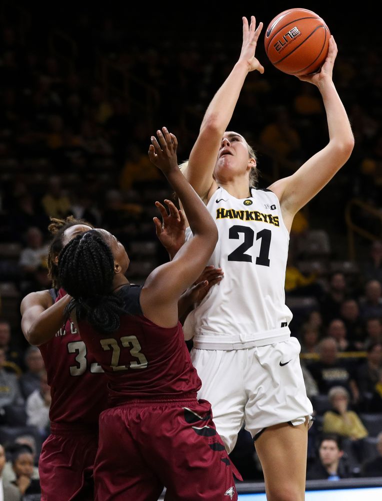 Iowa Hawkeyes forward Hannah Stewart (21) puts up a shot during a game against North Carolina Central at Carver-Hawkeye Arena on November 17, 2018. (Tork Mason/hawkeyesports.com)