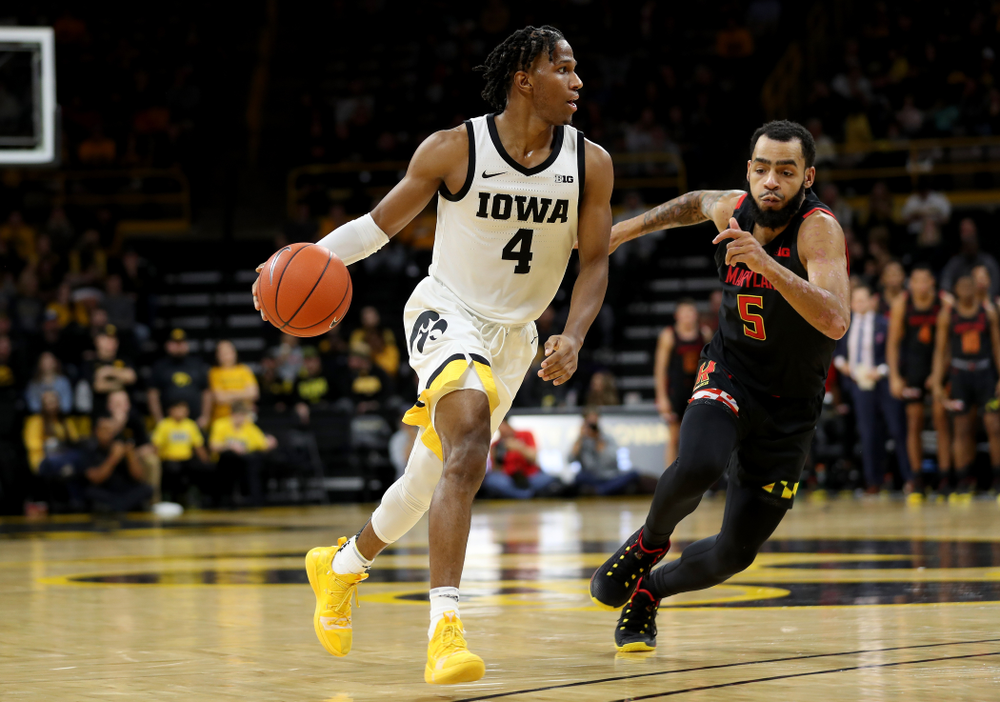 Iowa Hawkeyes guard Bakari Evelyn (4) against the Maryland Terrapins Friday, January 10, 2020 at Carver-Hawkeye Arena. (Brian Ray/hawkeyesports.com)