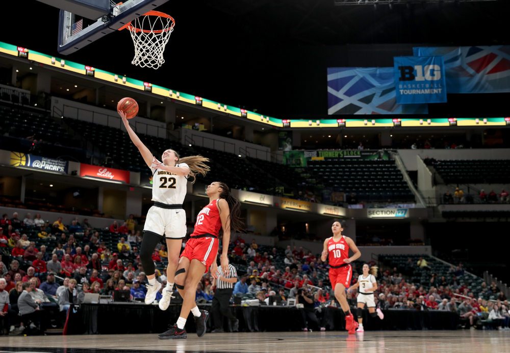Iowa Hawkeyes guard Kathleen Doyle (22) against Ohio State in the quarterfinals of the Big Ten Basketball Tournament Friday, March 6, 2020 at Bankers Life Fieldhouse in Indianapolis. (Brian Ray/hawkeyesports.com)