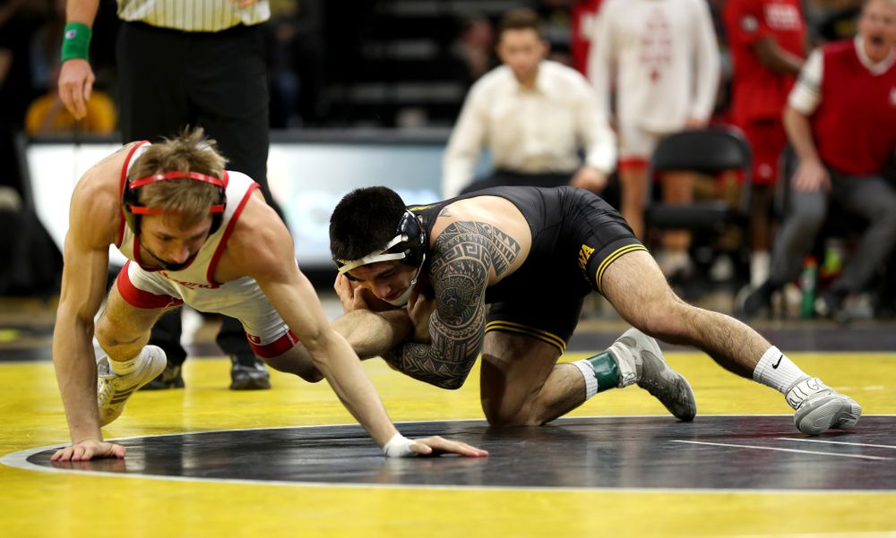 Iowa’s Pat Lugo wrestles Nebraska’s Collin Purinton at 149 pounds Saturday, January 18, 2020 at Carver-Hawkeye Arena. Lugo won the match 4-1. (Brian Ray/hawkeyesports.com)