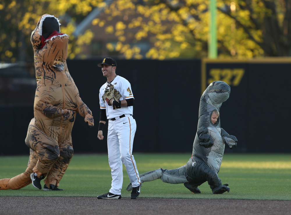 Connor Gorzelanny runs the dinosaur race during the Iowa Hawkeyes game against the Michigan State Spartans Friday, May 10, 2019 at Duane Banks Field. (Brian Ray/hawkeyesports.com)