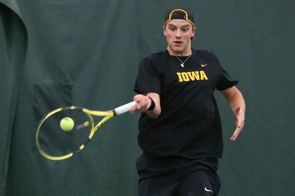 Iowa’s Joe Tyler returns a hit during the Iowa men’s tennis meet vs VCU on Saturday, February 29, 2020 at the Hawkeye Tennis and Recreation Complex. (Lily Smith/hawkeyesports.com)