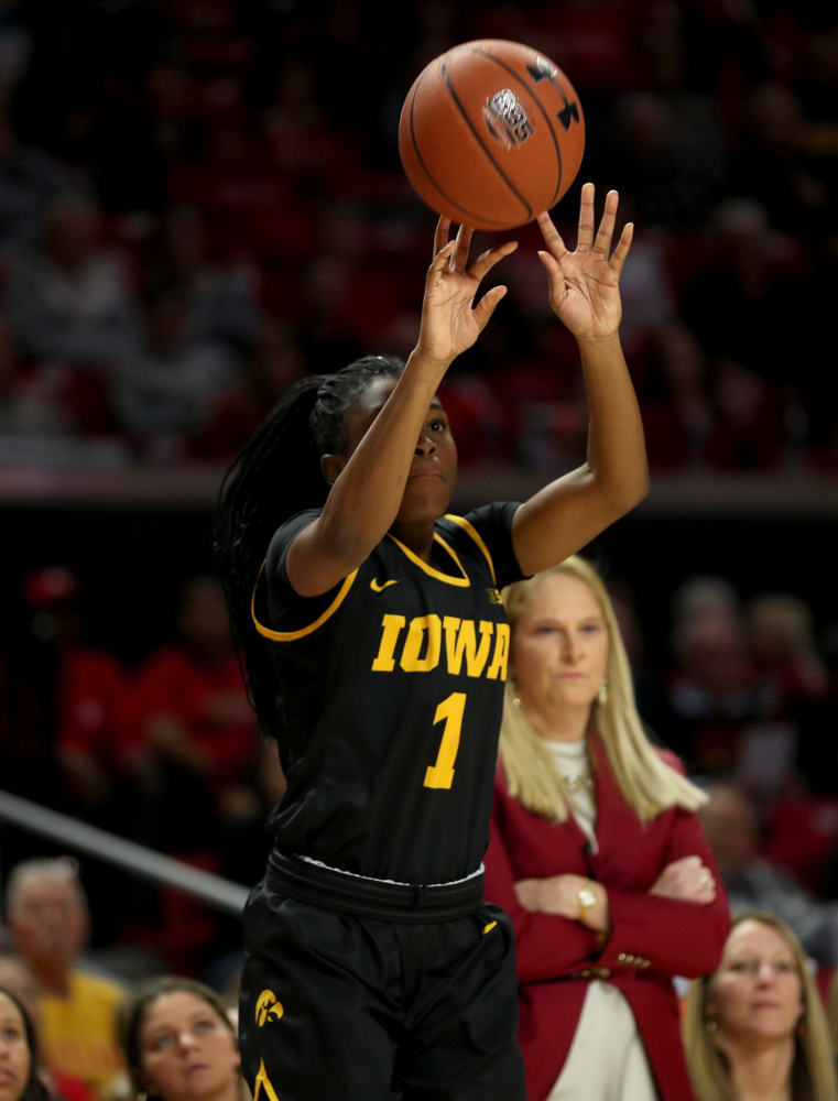 Iowa Hawkeyes guard Tomi Taiwo (1) against the Maryland Terrapins Thursday, February 13, 2020 at the Xfinity Center in College Park, MD. (Brian Ray/hawkeyesports.com)