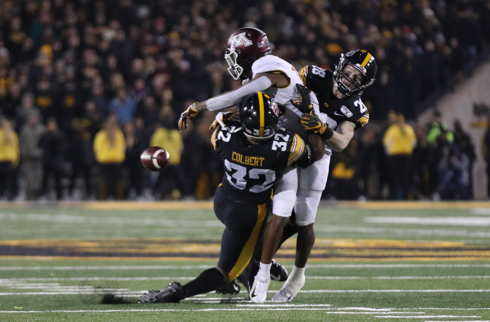 Iowa Hawkeyes linebacker Djimon Colbert (32) and defensive back Jack Koerner (28) against Minnesota Saturday, September 28, 2019 at Kinnick Stadium. (Max Allen/hawkeyesports.com)