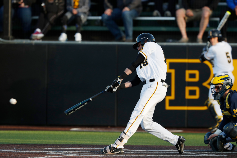 Iowa Hawkeyes infielder Tanner Wetrich (16) against the Michigan Wolverines Friday, April 27, 2018 at Duane Banks Field in Iowa City. (Brian Ray/hawkeyesports.com)