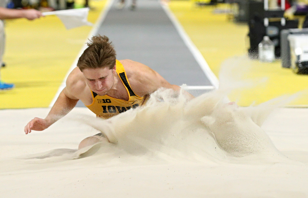Iowa’s Will Daniels competes in the men’s long jump event during the Hawkeye Invitational at the Recreation Building in Iowa City on Saturday, January 11, 2020. (Stephen Mally/hawkeyesports.com)