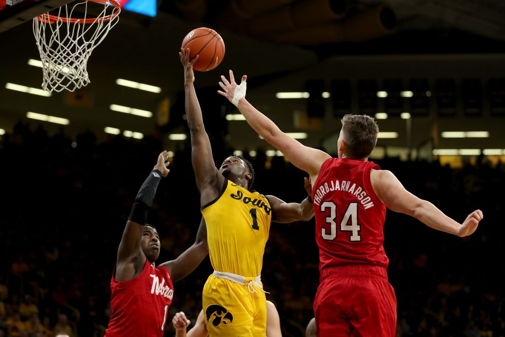 Iowa Hawkeyes guard Joe Toussaint (1) against the Nebraska Cornhuskers Saturday, February 8, 2020 at Carver-Hawkeye Arena. (Brian Ray/hawkeyesports.com)