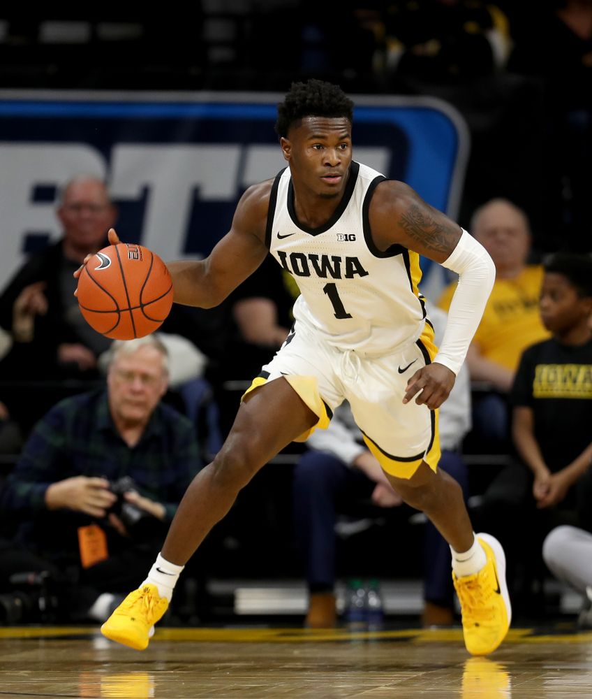Iowa Hawkeyes guard Joe Toussaint (1) against the Minnesota Golden Gophers Monday, December 9, 2019 at Carver-Hawkeye Arena. (Brian Ray/hawkeyesports.com)