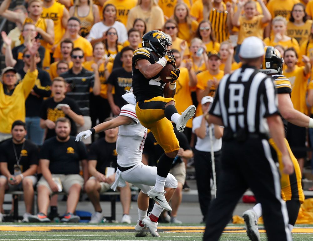 Iowa Hawkeyes defensive back Amani Hooker (27) interceptss a pass against the Northern Illinois Huskies Saturday, September 1, 2018 at Kinnick Stadium. (Brian Ray/hawkeyesports.com)