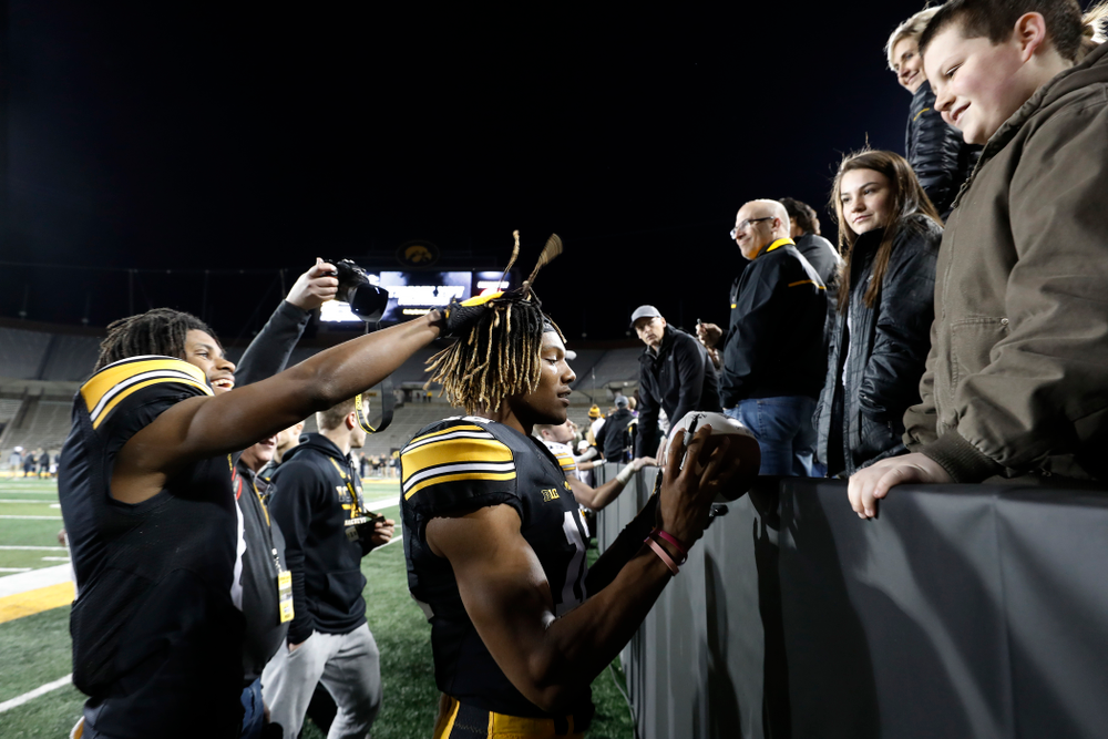 Iowa Hawkeyes wide receiver Ihmir Smith-Marsette (6) and wide receiver Brandon Smith (12) during the final spring practice Friday, April 20, 2018 at Kinnick Stadium. (Brian Ray/hawkeyesports.com)