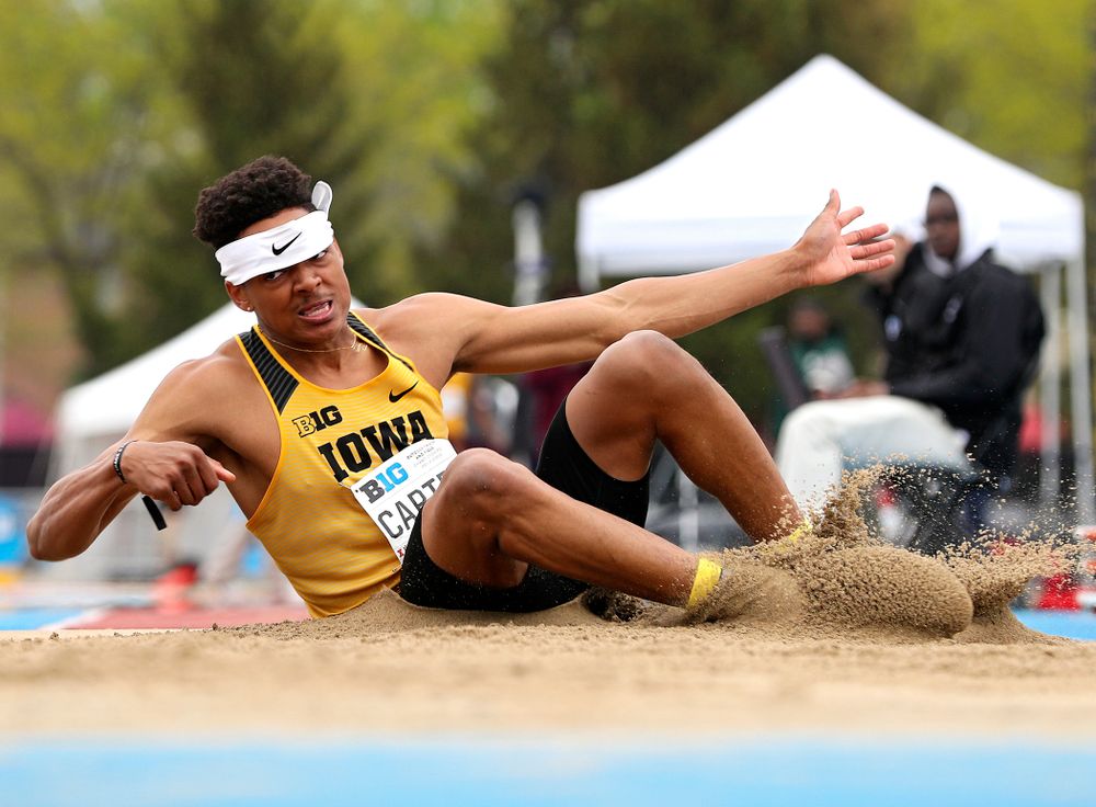 Iowa's James Carter jumps in the men’s triple jump event on the third day of the Big Ten Outdoor Track and Field Championships at Francis X. Cretzmeyer Track in Iowa City on Sunday, May. 12, 2019. (Stephen Mally/hawkeyesports.com)