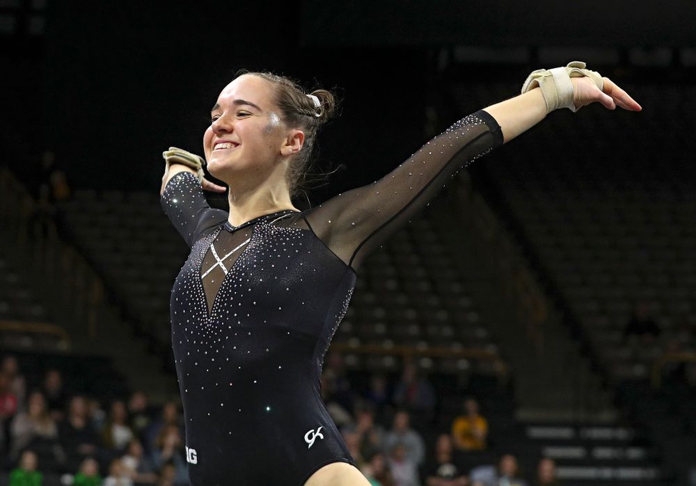 Iowa’s Allie Gilchrist competes on the floor during their meet at Carver-Hawkeye Arena in Iowa City on Sunday, March 8, 2020. (Stephen Mally/hawkeyesports.com)