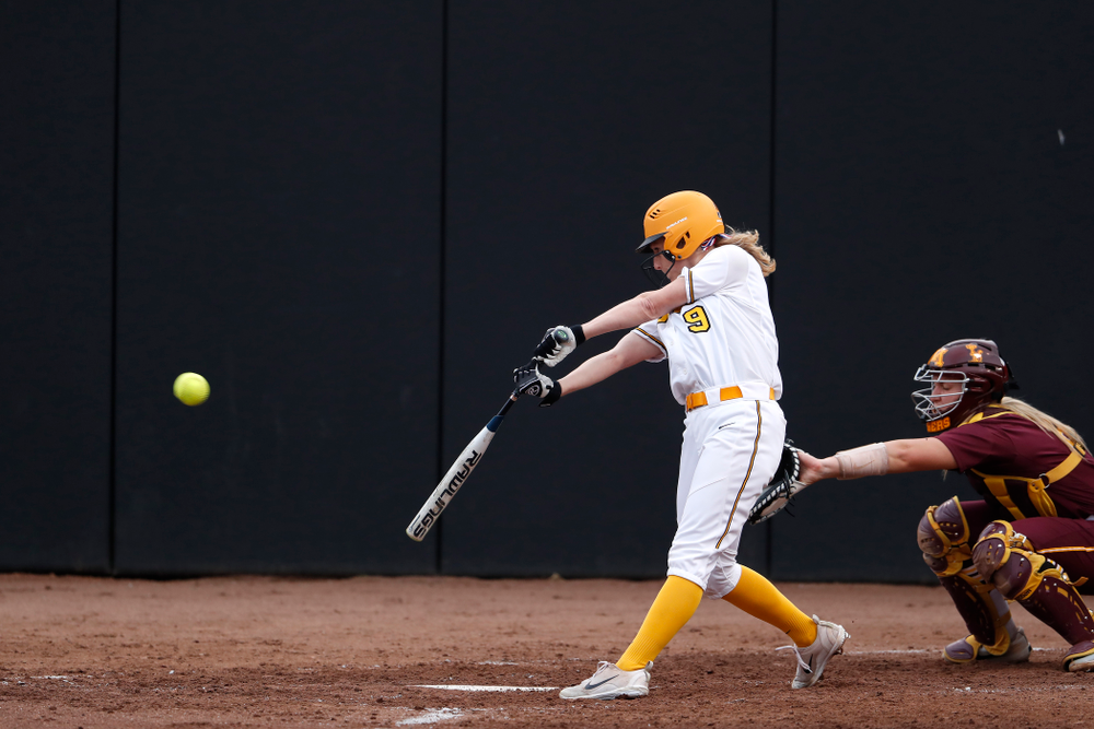 Iowa Hawkeyes infielder Sarah Kurtz (9) against the Minnesota Golden Gophers Thursday, April 12, 2018 at Bob Pearl Field. (Brian Ray/hawkeyesports.com)