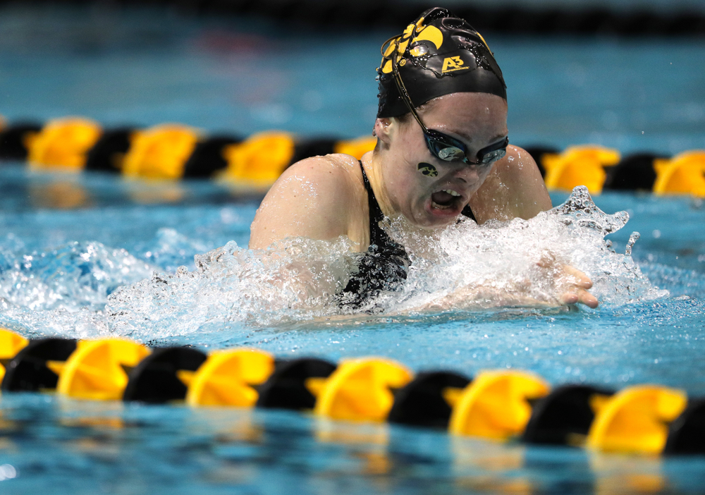 Iowa's Lexi Horner swims the 200-yard breaststroke against the Iowa State Cyclones in the Iowa Corn Cy-Hawk Series Friday, December 7, 2018 at at the Campus Recreation and Wellness Center. (Brian Ray/hawkeyesports.com)