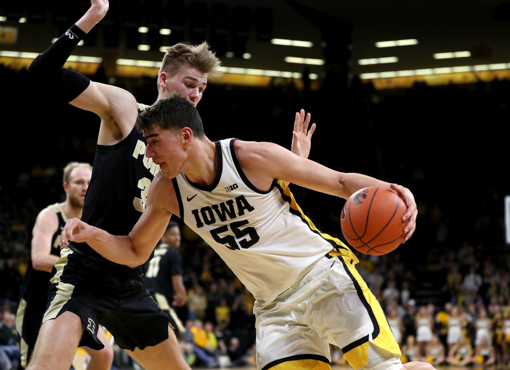 Iowa Hawkeyes forward Luka Garza (55) against the Purdue Boilermakers Tuesday, March 3, 2020 at Carver-Hawkeye Arena. (Brian Ray/hawkeyesports.com)